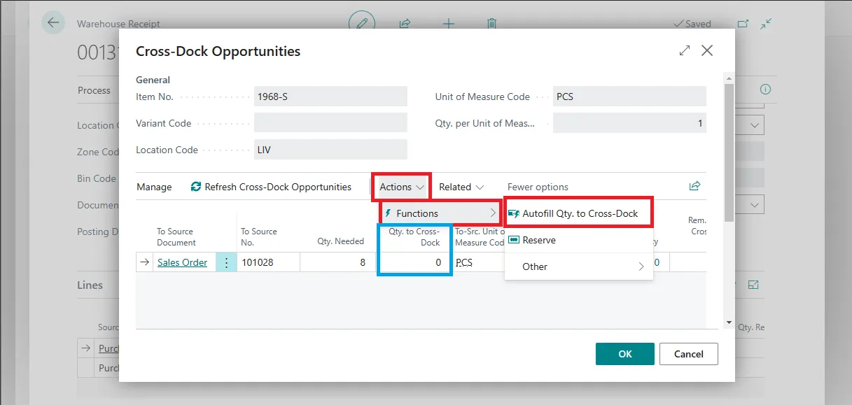 Cross-Dock Opportunities page with the Autofill Qty. to Cross-Dock action open under Actions, Functions