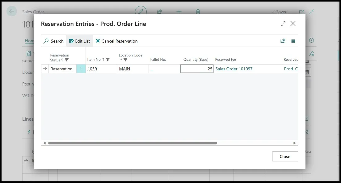 Reservation Entries page for a production order line with the Quantity Base field edited to 25