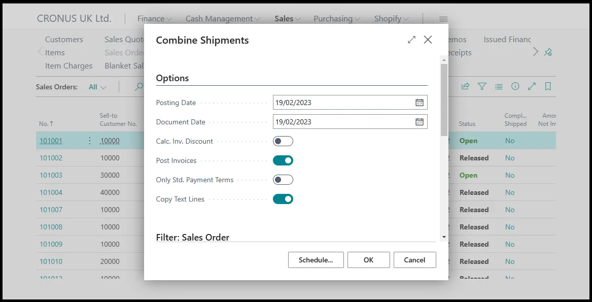 Combine shipments page