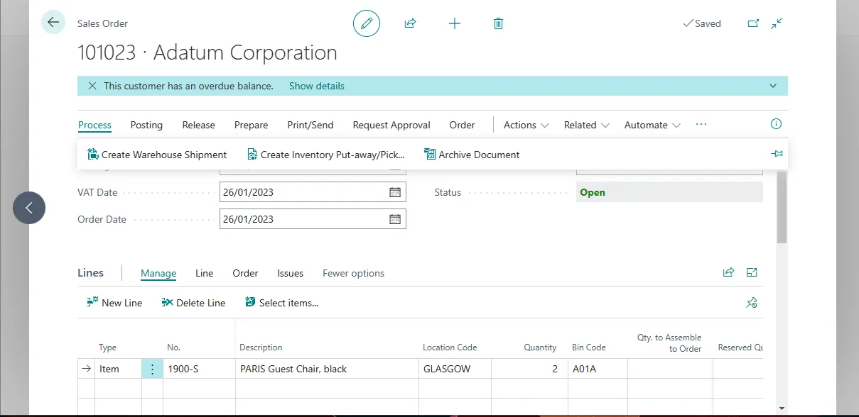 Sales order Process menu with Create Warehouse Shipment and Create Inventory Put-away/Pick actions