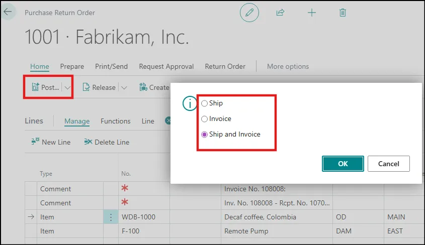 Purchase Return Posting Options