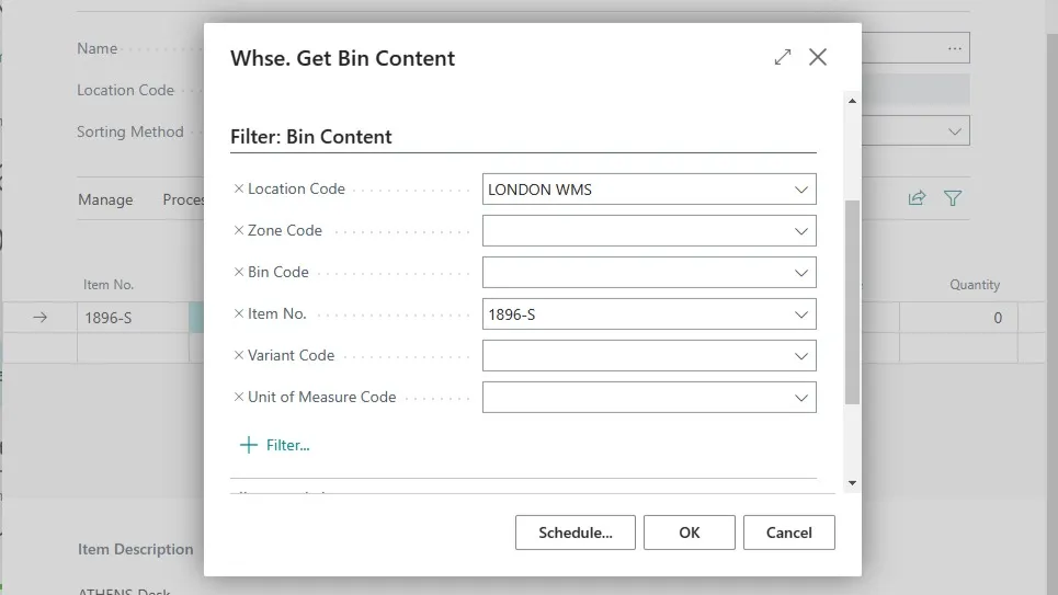 Whse. Get Bin Content filter set to location LONDON WMS and item 1896-S with no bin or zone specified