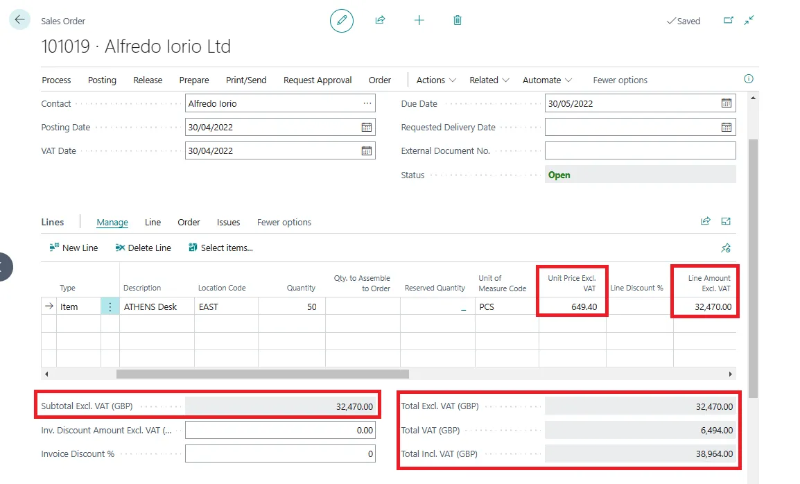 Sales order line with Prices Including VAT disabled, showing unit price and totals excluding VAT