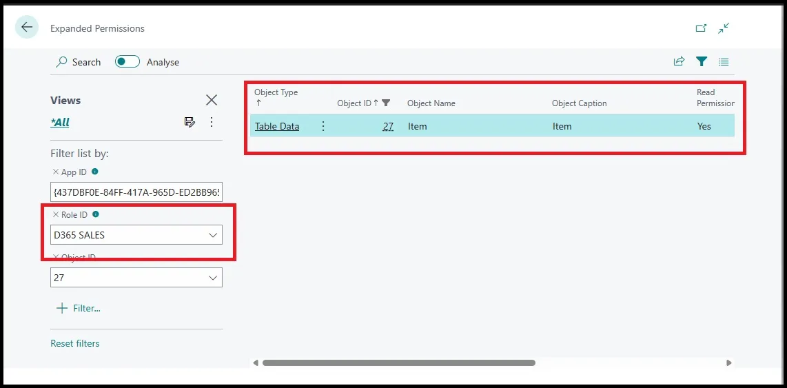 Permission to view Item table exists in set D365 Sales