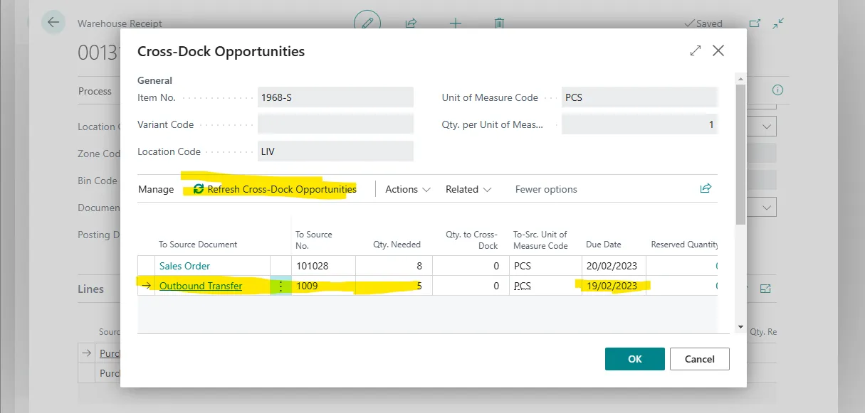 Cross-Dock Opportunities page after Refresh Cross-Dock Opportunities added a new outbound transfer line