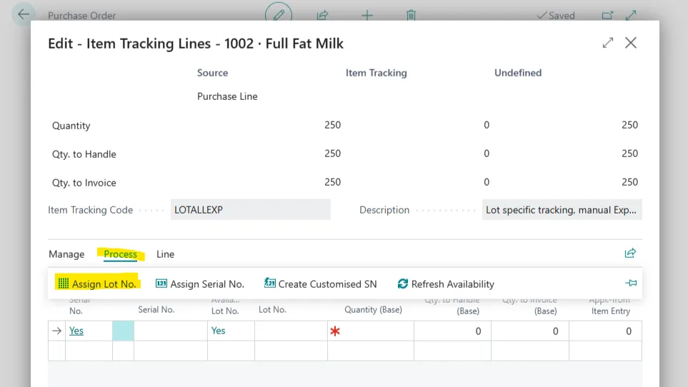 Item Tracking Lines Process menu with the Assign Lot No. action highlighted