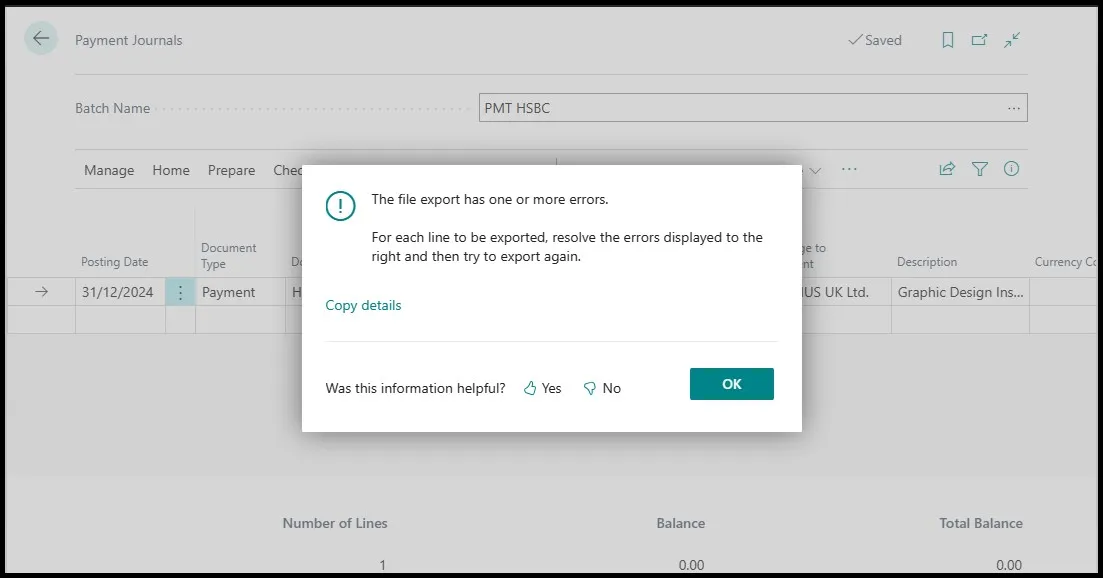 Warning dialog stating the file export has one or more errors to resolve before exporting again
