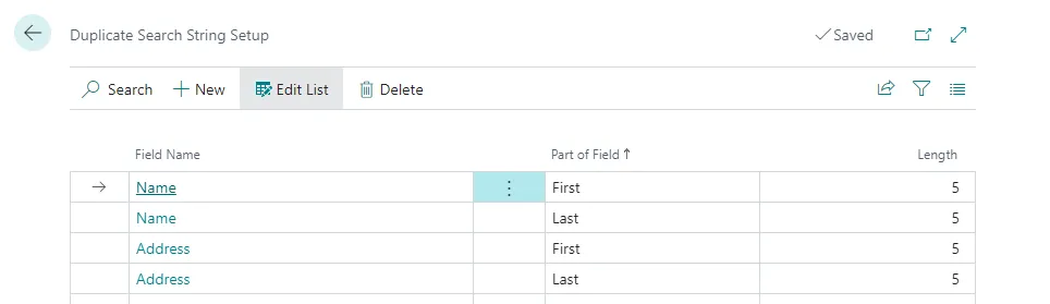 Duplicate Search String Setup page listing Name and Address fields with First and Last parts and a length of 5
