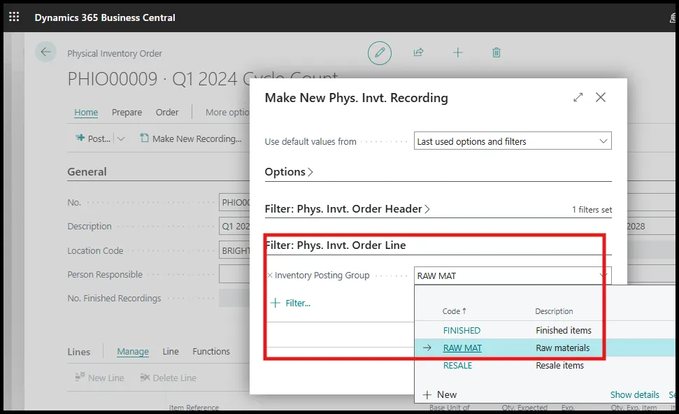 Make New Phys. Invt. Recording dialog with a filter set on the Raw Materials inventory posting group