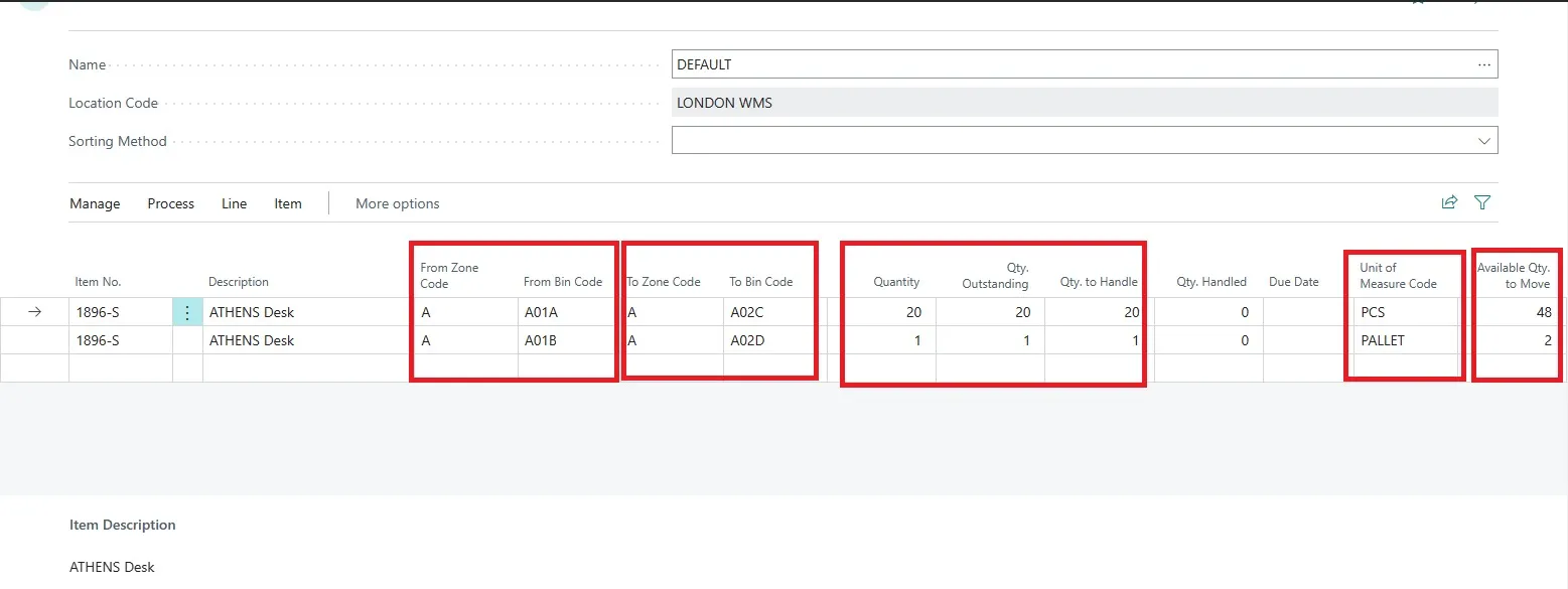 Movement worksheet lines for item 1896-S showing From Bin, To Bin, quantity, and Available Qty. to Move columns