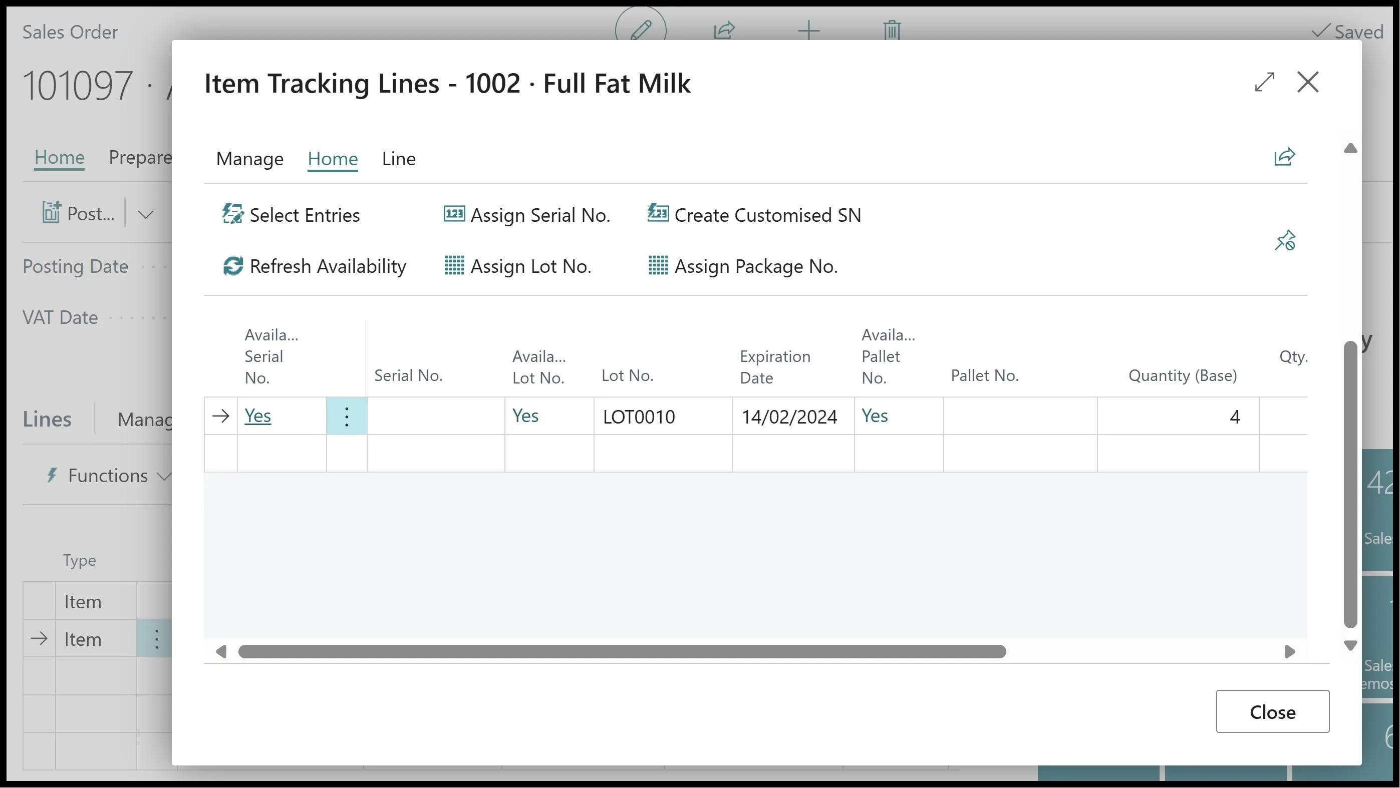 Item Tracking Lines page for Full Fat Milk showing an assigned lot number and expiration date