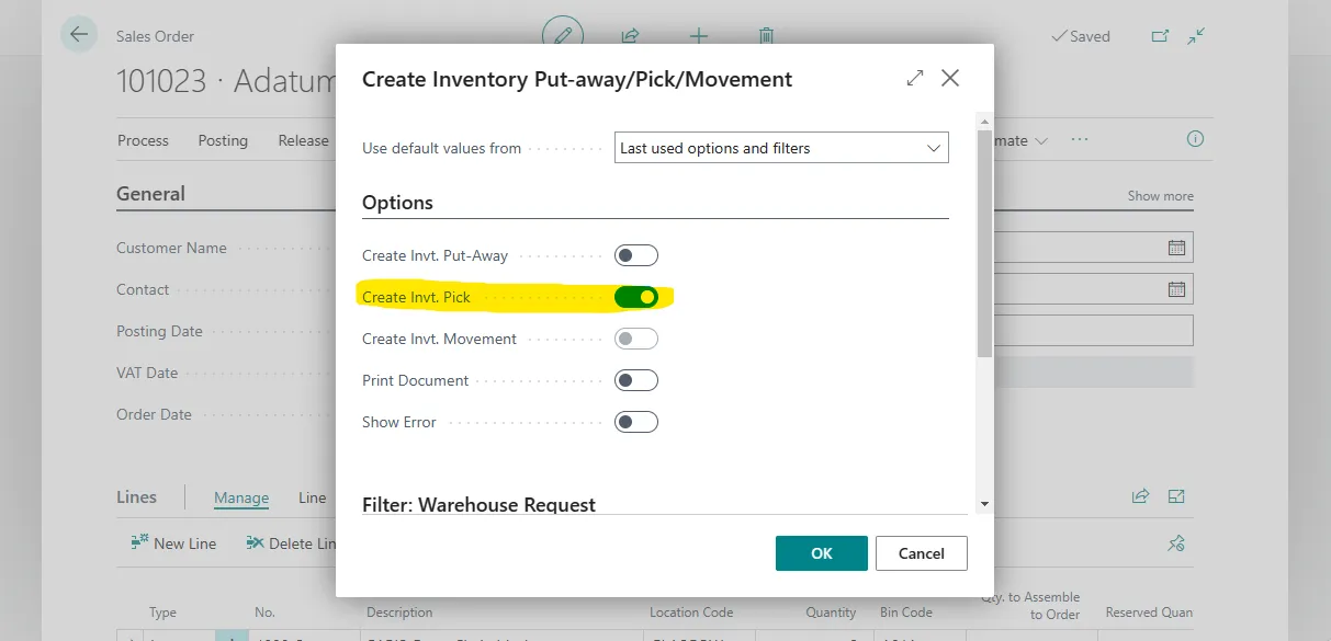 Create Inventory Put-away/Pick/Movement request page with the Create Invt. Pick option enabled