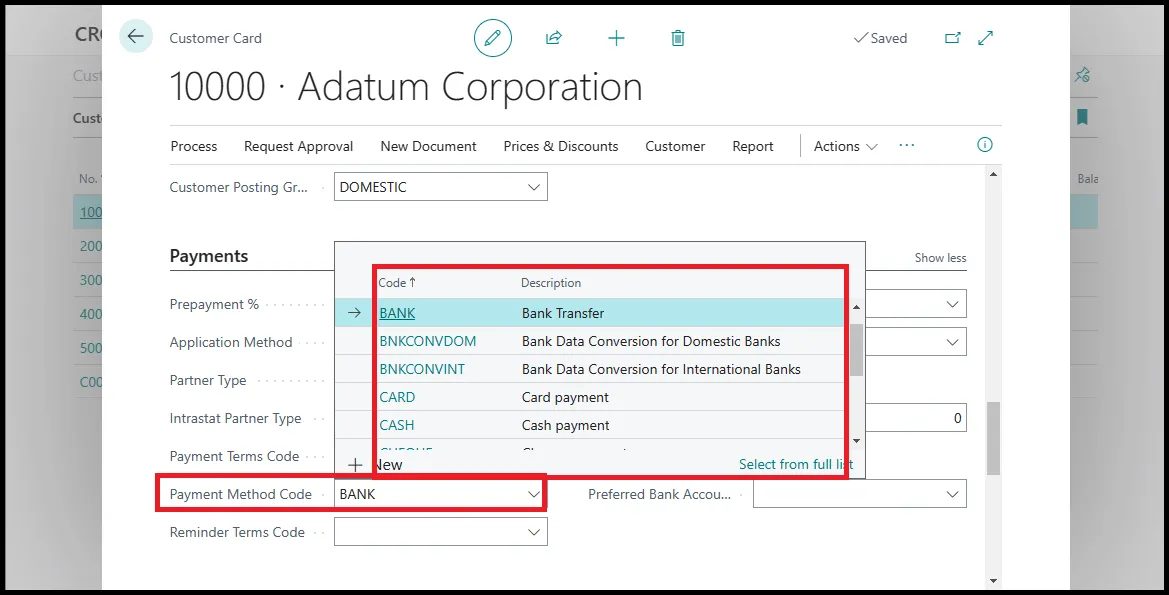 Assign a payment method code on customer card