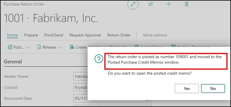 Posting a Purchase Return Order