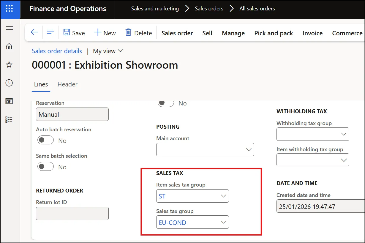 Sales order line showing the Item sales tax group ST and Sales tax group EU-COND fields