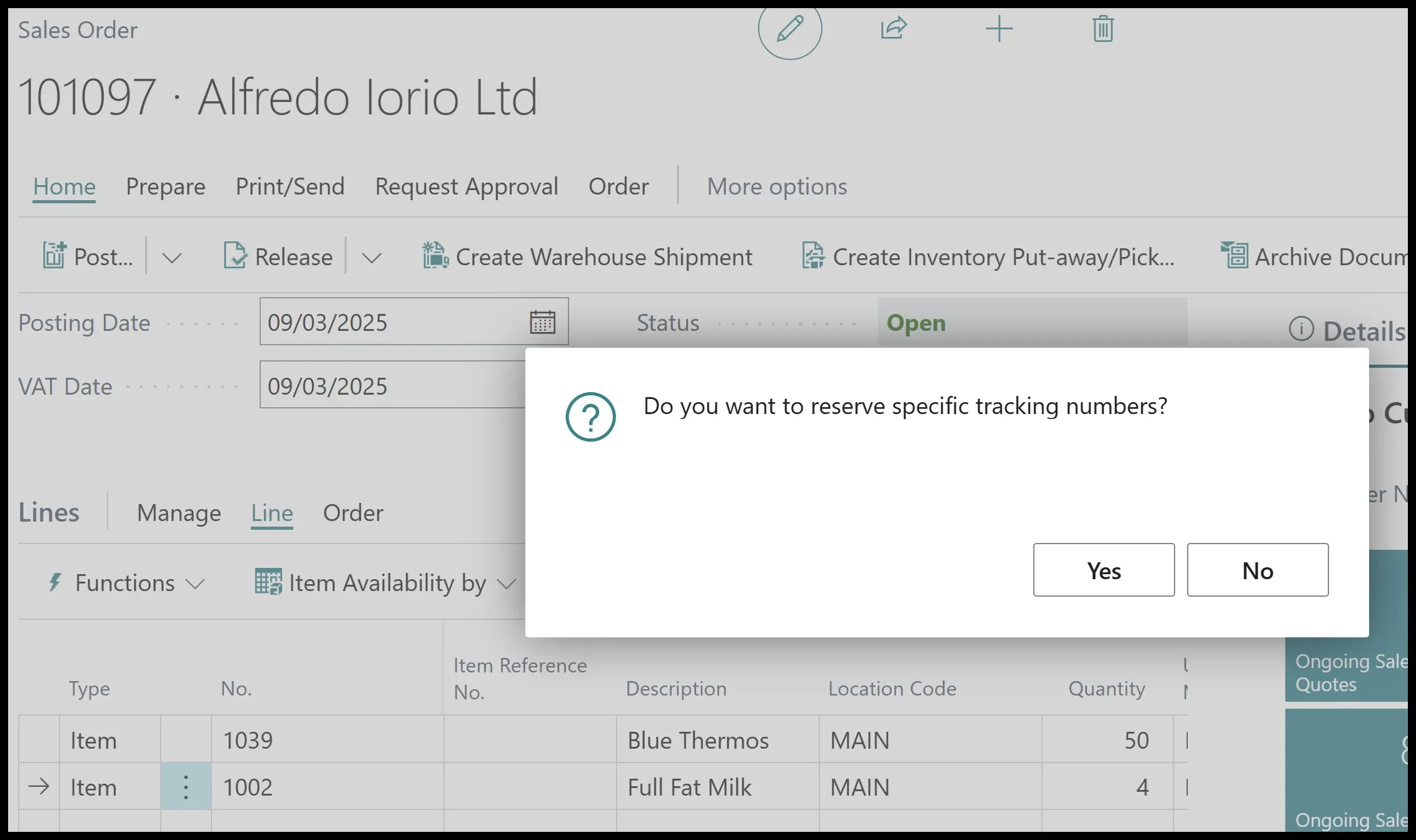 Confirmation dialog asking whether to reserve specific tracking numbers
