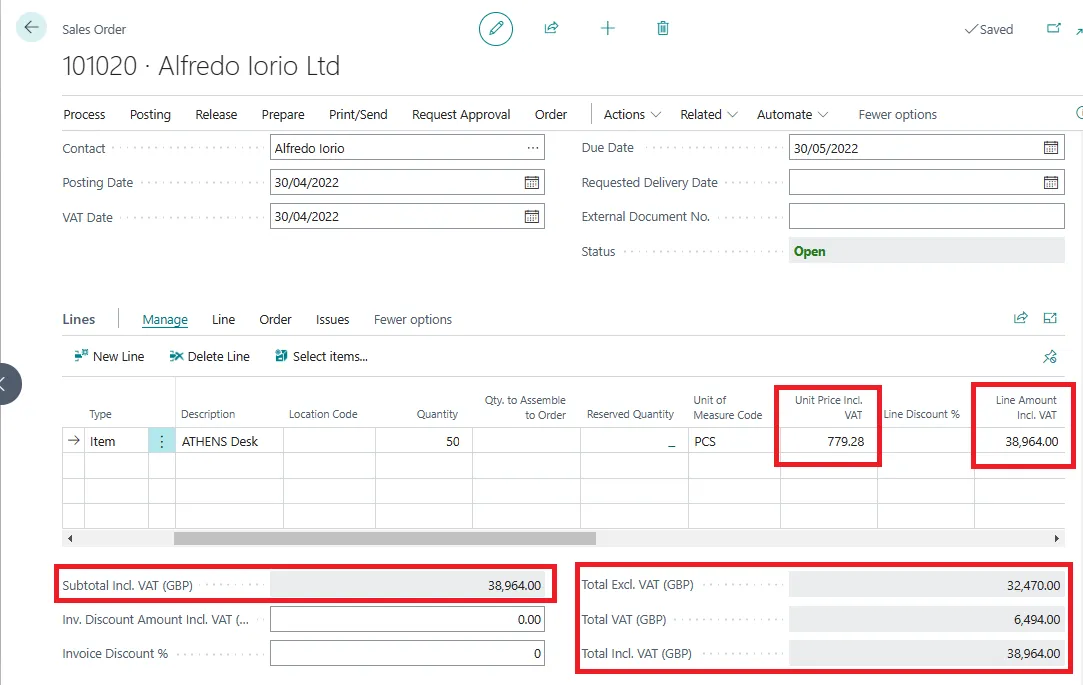 Sales order line with Prices Including VAT enabled, showing unit price and totals including VAT