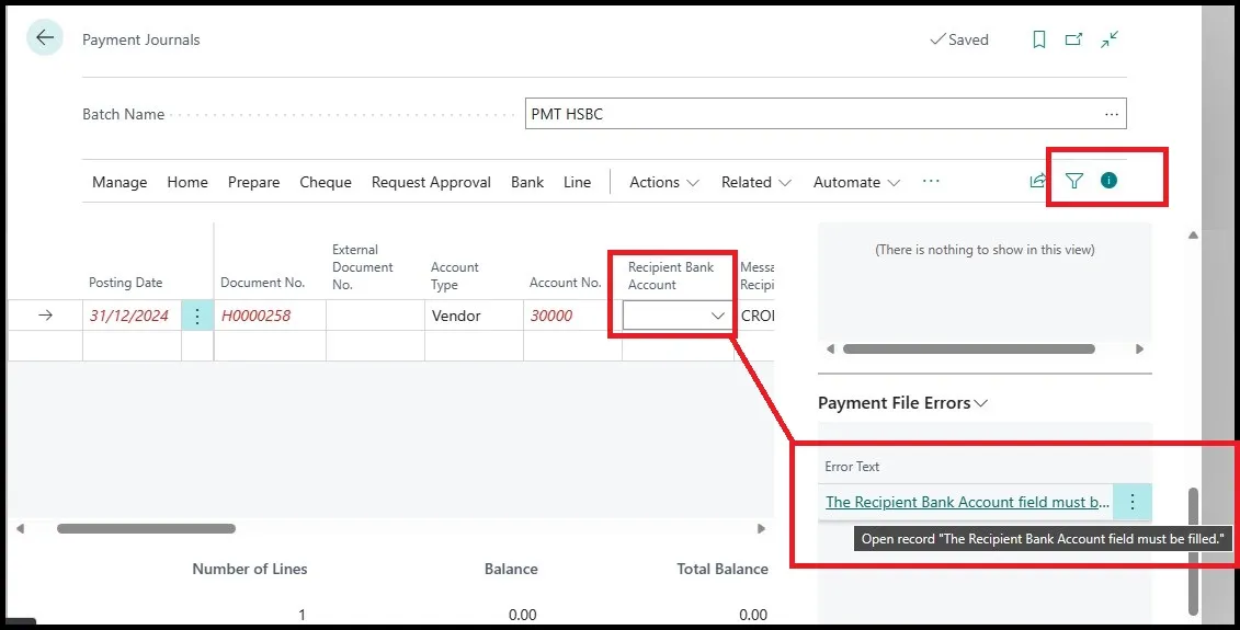 Payment File Errors FactBox showing the Recipient Bank Account field must be filled error on a payment line
