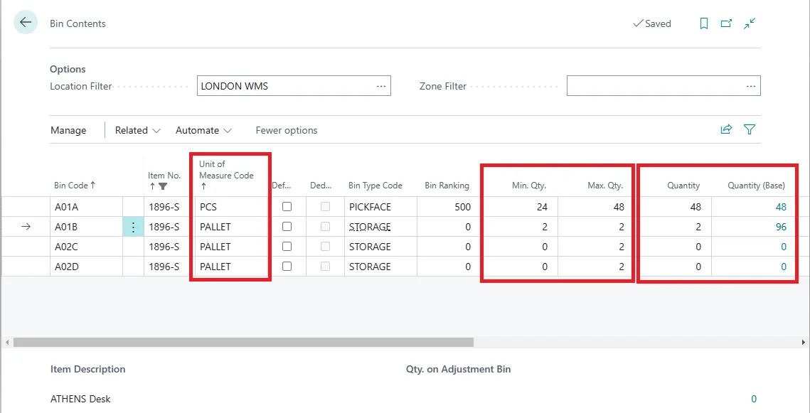 Bin Contents page for item 1896-S with Min. Qty. and Max. Qty. set on each fixed bin at location LONDON WMS
