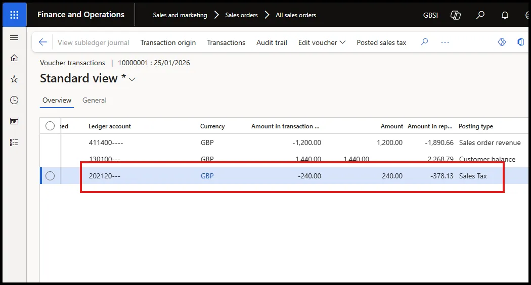 Voucher transactions for the posted sales invoice with the tax amount posted to ledger account 202120