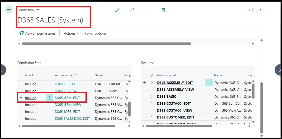D365 SALES permission set card with the D365 ITEM, EDIT nested permission set highlighted in the results list