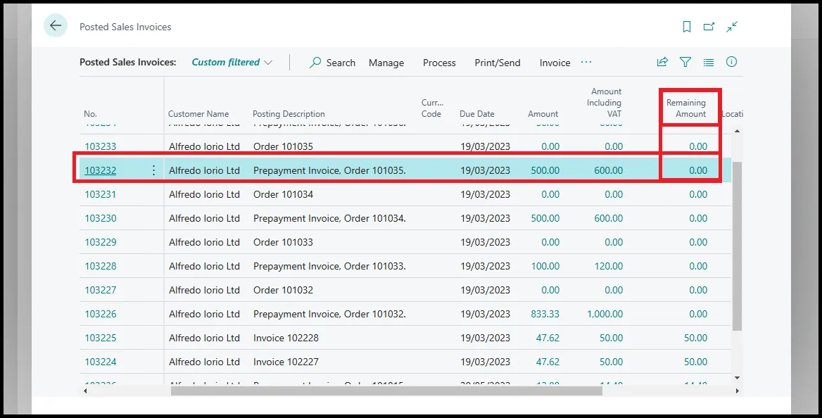 Remaining Amount on Prepayment Invoice
