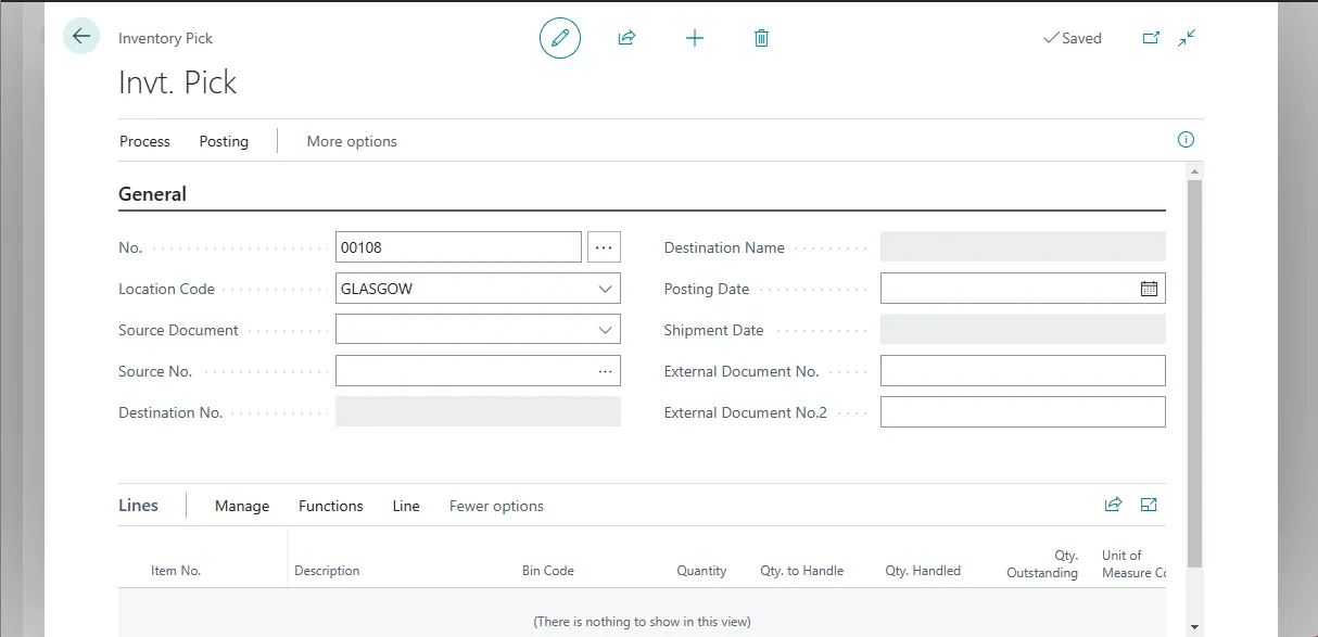 Blank inventory pick document with location code populated and no lines yet
