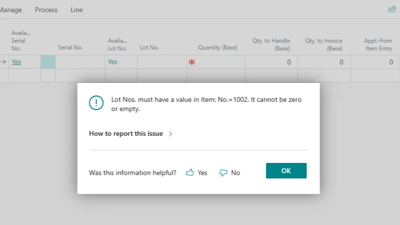 Error message stating Lot Nos. must have a value in Item No. 1002 when assigning a lot automatically