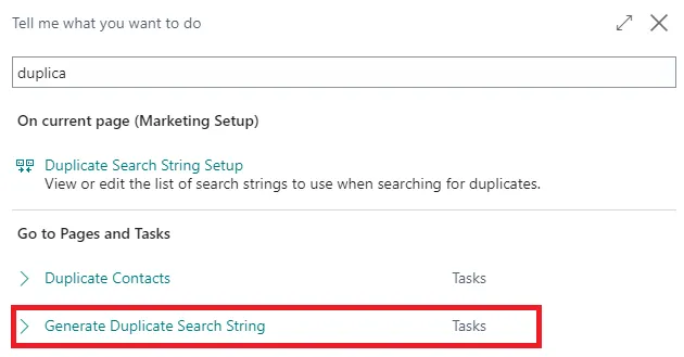 Tell Me search results with the Generate Duplicate Search String task highlighted