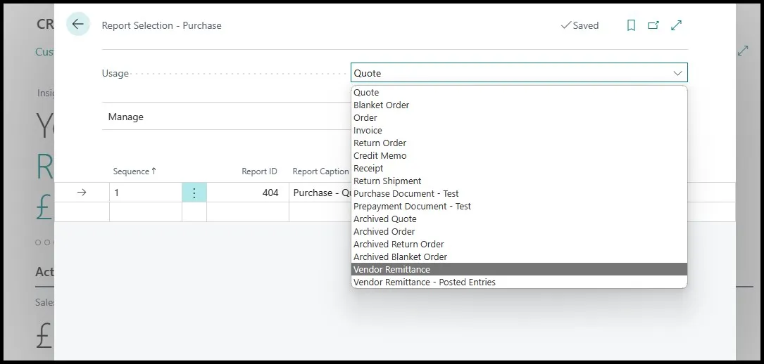 Report Selection Purchase page with the Usage dropdown open and Vendor Remittance selected