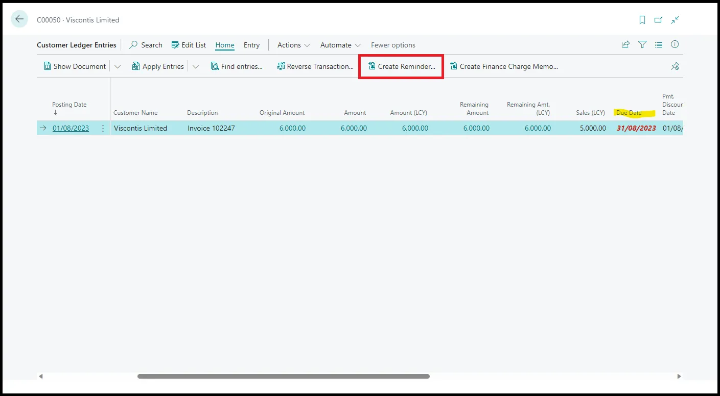 Create a reminder from the customer ledger entry table