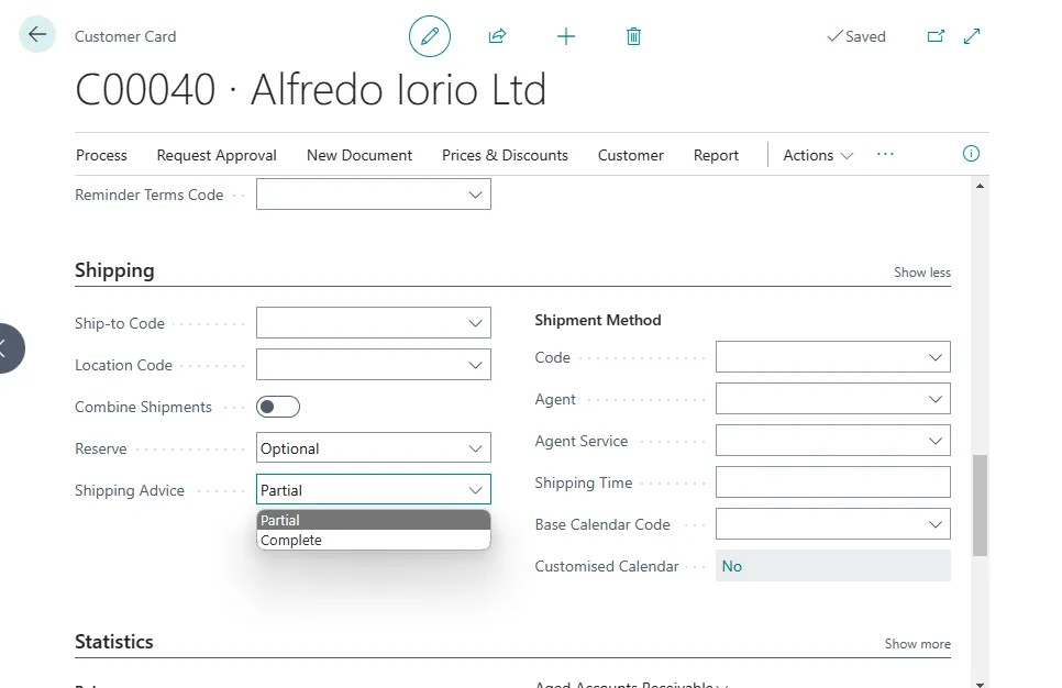 Customer Card Shipping tab with the Shipping Advice field dropdown open showing Partial and Complete options