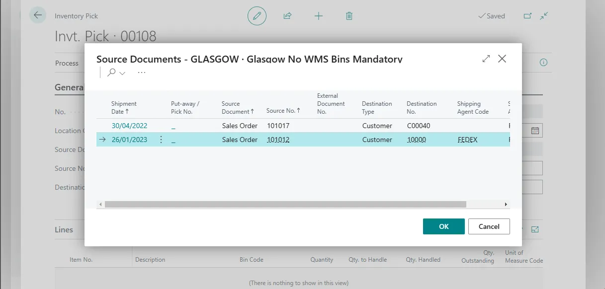 Source Documents list on an inventory pick showing released sales orders available to link