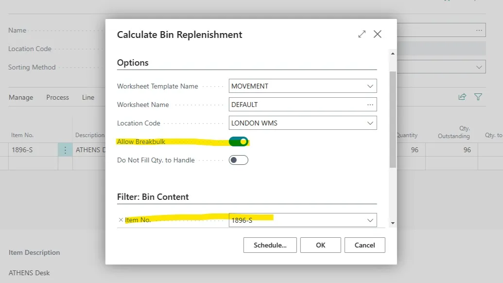 Calculate Bin Replenishment request page with Allow Breakbulk enabled and item filter set to 1896-S
