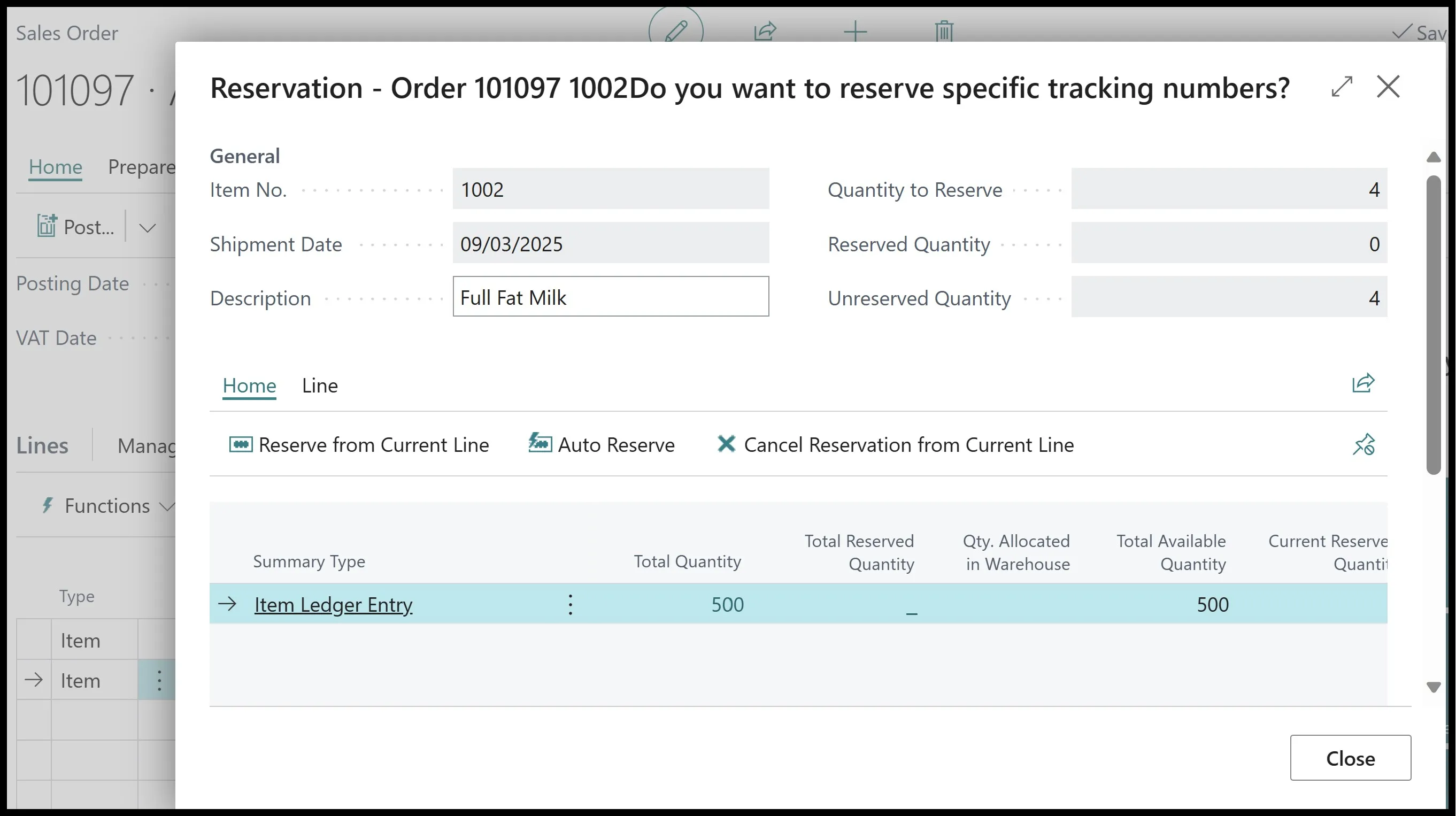 Reservation page filtered to the tracked item showing available quantity on an Item Ledger Entry line