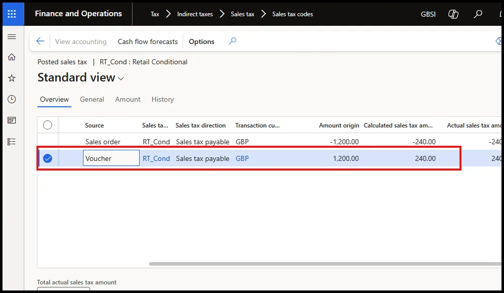 Posted sales tax overview for RT_Cond showing offsetting sales order and voucher entries after payment