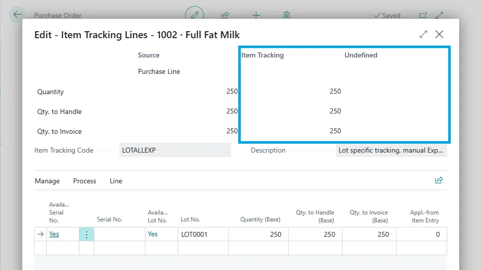 Item Tracking Lines page after generating LOT0001 with the full 250 quantity assigned to the lot