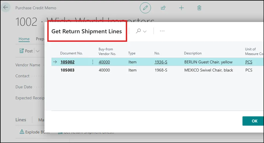 Return Shipment Lines Not Invoiced
