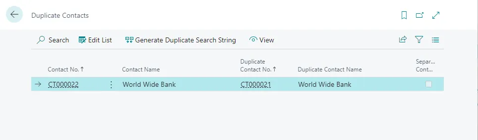 Duplicate Contacts page showing two World Wide Bank contact records flagged as duplicates