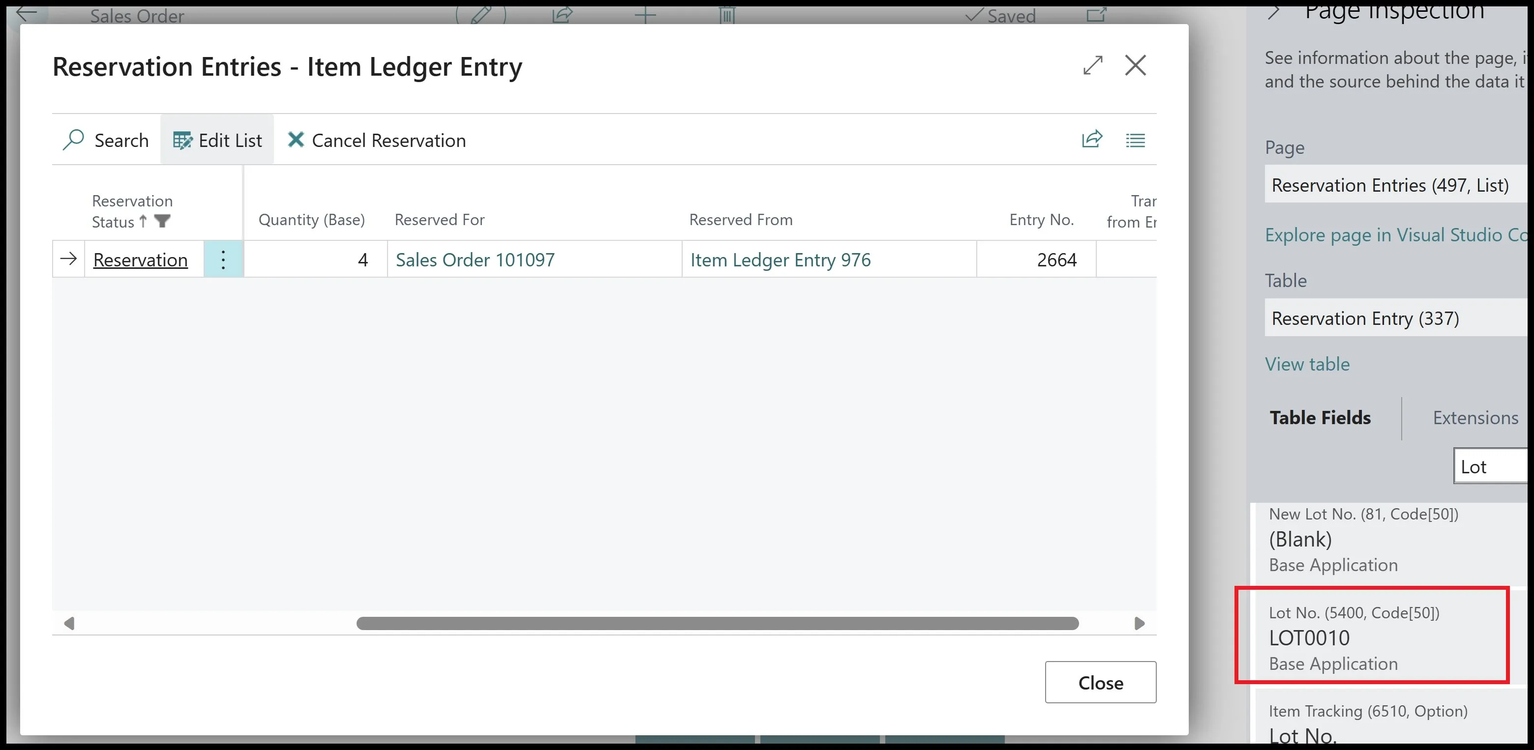 Reservation Entries page with the Lot No. field highlighted in the page inspection pane