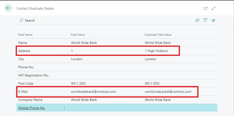 Contact Duplicate Details page comparing field values between two duplicate contacts, with differing address and email highlighted