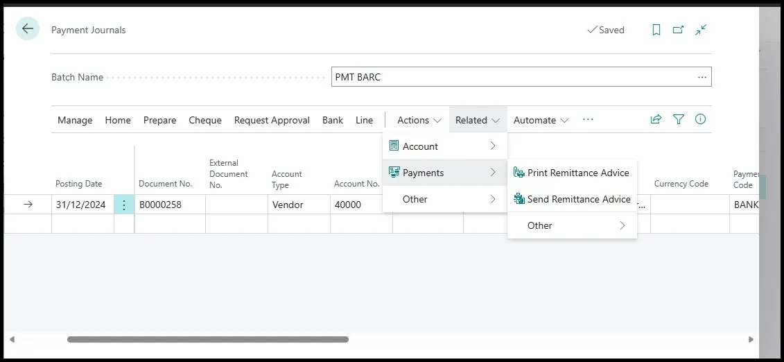 Payment journal Related menu with Payments submenu open showing Print Remittance Advice and Send Remittance Advice