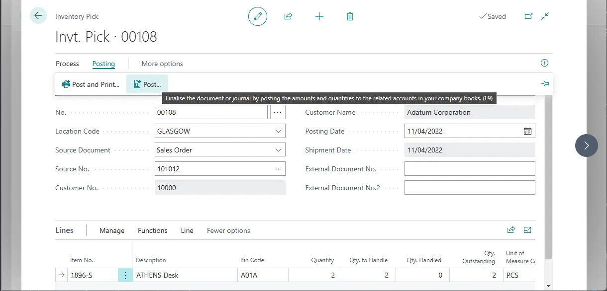 Inventory pick document with a pick line for the linked sales order and the Post action highlighted