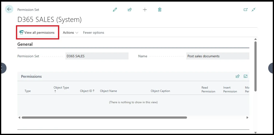 D365 SALES permission set card with the View all permissions action highlighted