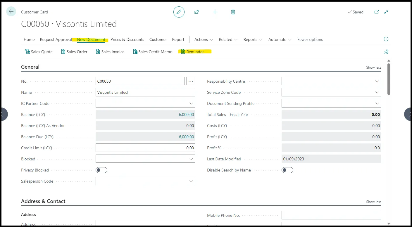 Create a reminder from the customer card