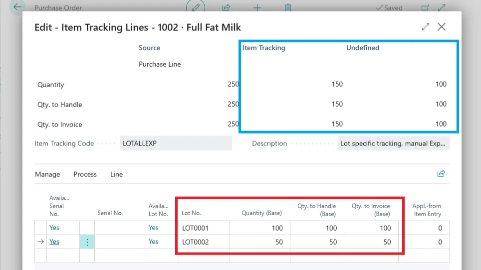 Item Tracking Lines page split across two lots, LOT0001 with 100 units and LOT0002 with 50 units