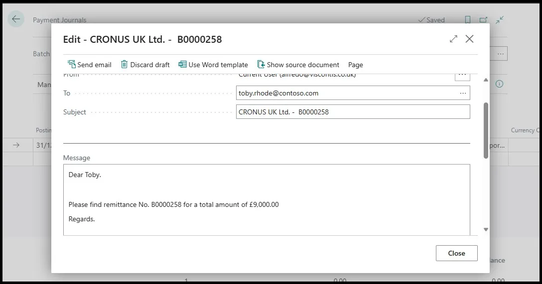Prepopulated remittance email draft to a vendor contact with subject and message body filled in