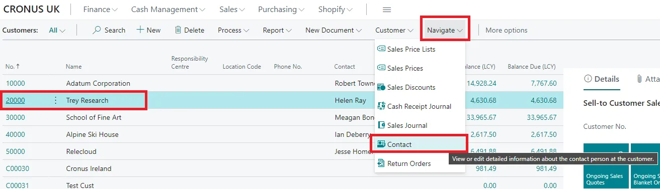 Customer list page with the Navigate menu open and the Contact option highlighted