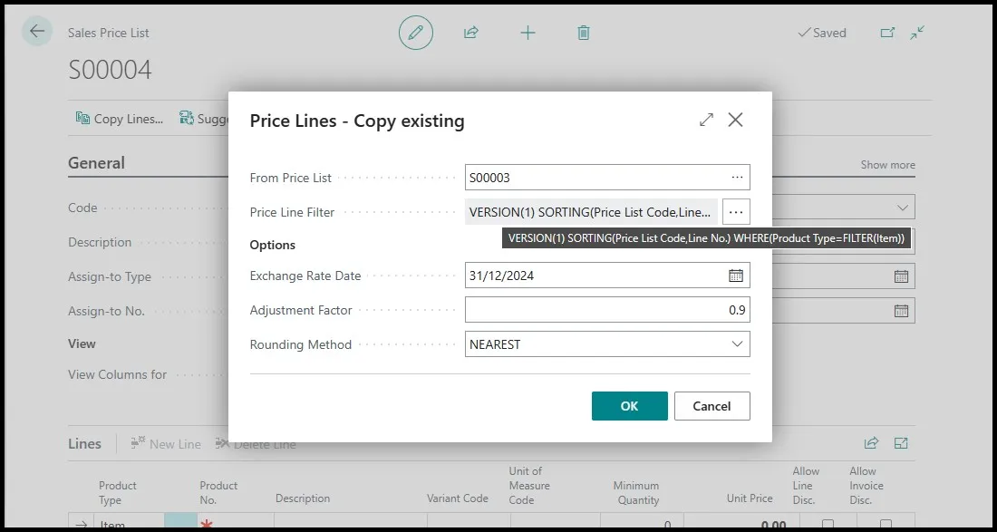 Sales Price List Copy Lines