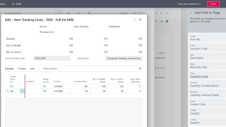 Page personalisation panel used to add the hidden Expiration Date field to the Item Tracking Lines page